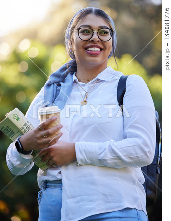 Happy, break or Muslim student at park on university campus thinking of learning, education or books. Girl, smile or woman relaxing with coffee dreaming of future goals, success or college knowledge Happy, break or Muslim student at park on university campus thinking of learning, education or books. Girl, smile or woman relaxing with coffee dreaming of future goals, success or college knowledge 134081726