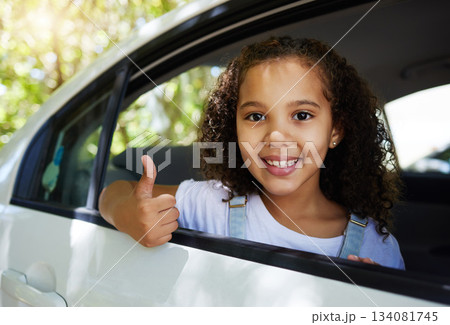 Portrait, road trip and girl with a thumbs up in a car for travel, content with transportation and ride. Happy, review and a child with a hand gesture for transport satisfaction, approval and like Portrait, road trip and girl with a thumbs up in a car for travel, content with transportation and ride. Happy, review and a child with a hand gesture for transport satisfaction, approval and like 134081745