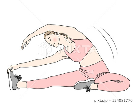 ストレッチ 座って体側を伸ばす女性のイラスト 全身正面 ピンク ストレッチ 座って体側を伸ばす女性のイラスト 全身正面 ピンク 134081770