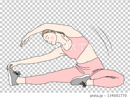 ストレッチ 座って体側を伸ばす女性のイラスト 全身正面 ピンク ストレッチ 座って体側を伸ばす女性のイラスト 全身正面 ピンク 134081770
