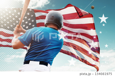 American flag, baseball and man with overlay for sports competition, global tournament and games. National player, fitness and male athlete with bat hit ball for softball exercise, training and match American flag, baseball and man with overlay for sports competition, global tournament and games. National player, fitness and male athlete with bat hit ball for softball exercise, training and match 134081975