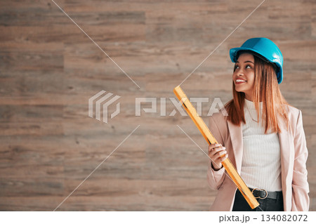 Architect, woman and smile with level on mockup for measuring balance in construction planning. Happy female contractor, engineer or builder smiling with safety helmet and measure tool on copy space Architect, woman and smile with level on mockup for measuring balance in construction planning. Happy female contractor, engineer or builder smiling with safety helmet and measure tool on copy space 134082072