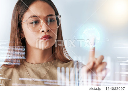 Hologram screen, coding and business woman with digital data feeling serious in a office. Employee, earth graphic and global web information of a female planning with international stock market info Hologram screen, coding and business woman with digital data feeling serious in a office. Employee, earth graphic and global web information of a female planning with international stock market info 134082097