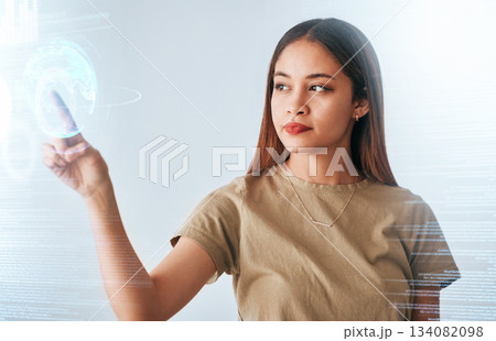 Hologram screen, earth and business woman with digital data feeling serious in a office. Employee, world graphic and global web information of a female planning with international stock market info Hologram screen, earth and business woman with digital data feeling serious in a office. Employee, world graphic and global web information of a female planning with international stock market info 134082098