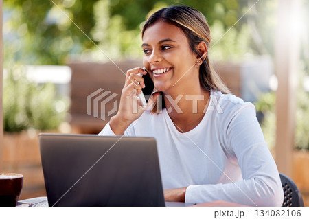 University, phone call and laptop with Indian woman at cafe for remote learning, happy and online exam. Contact, technology and college with student at coffee shop for education, project and school 134082106