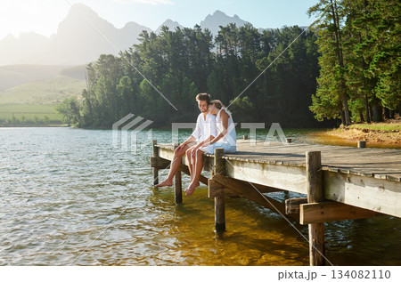 Love, happy and deck with couple at lake for bonding, romance and affectionate date. Nature, travel and holiday with man and woman cuddling on boardwalk in countryside for view, summer and vacation Love, happy and deck with couple at lake for bonding, romance and affectionate date. Nature, travel and holiday with man and woman cuddling on boardwalk in countryside for view, summer and vacation 134082110