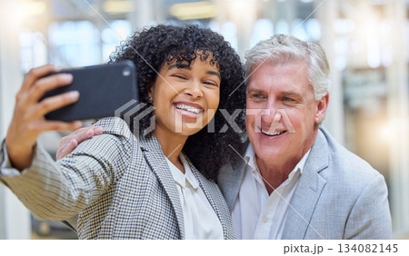 Selfie, friends and employees with success, smile and executives with new project, development and profile picture for website. Coworkers, black woman or mature man with happiness, business or career Selfie, friends and employees with success, smile and executives with new project, development and profile picture for website. Coworkers, black woman or mature man with happiness, business or career 134082145