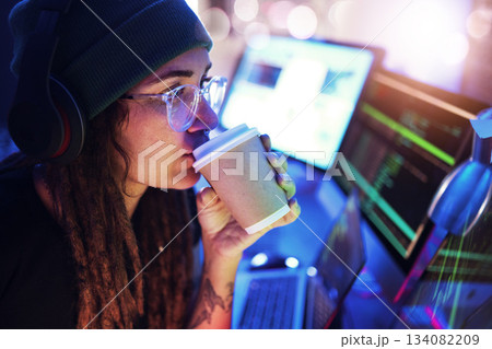 Computer, coffee or woman hacker in dark room at night for coding, phishing or researching blockchain. Data analysis, programmer or girl hacking online in digital cybersecurity on global ai website Computer, coffee or woman hacker in dark room at night for coding, phishing or researching blockchain. Data analysis, programmer or girl hacking online in digital cybersecurity on global ai website 134082209