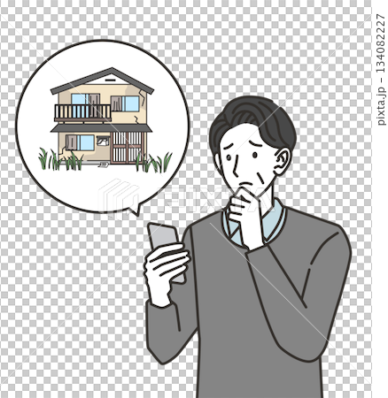 空き家についてスマホで調べる中高年男性のイラスト 134082227