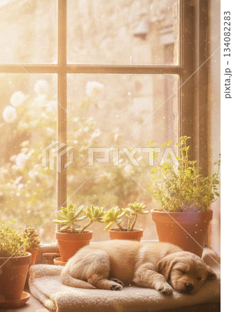 窓辺で寝ている犬 134082283