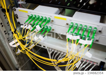 Fiber optic patch panel is being shown in flat design, with yellow cables and green connectors Fiber optic patch panel is being shown in flat design, with yellow cables and green connectors 134082354