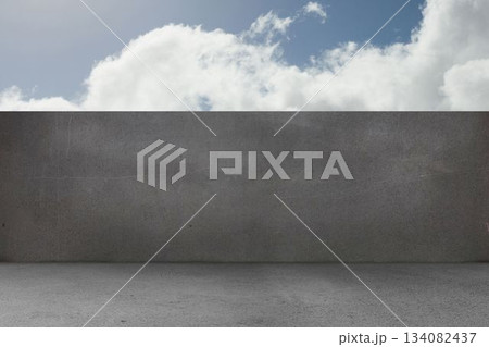 Flat design illustration is showing grey concrete plane meeting wall under blue sky, copy space Flat design illustration is showing grey concrete plane meeting wall under blue sky, copy space 134082437