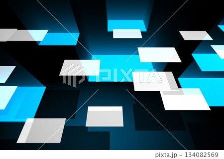 Floating translucent white and cyan panels are creating holographic grid in dark gradient 3D render Floating translucent white and cyan panels are creating holographic grid in dark gradient 3D render 134082569