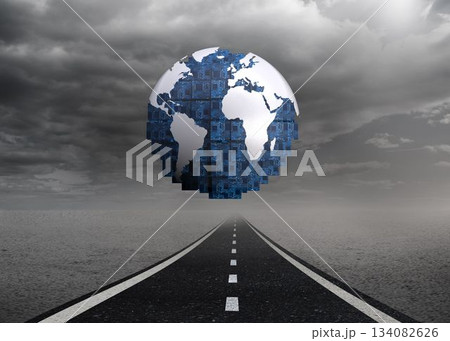 Digitally generated earth floating over street 134082626