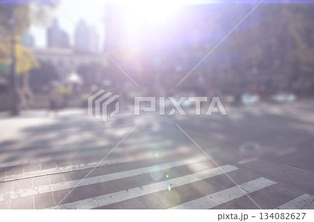 Pedestrian crossing stripes are spanning asphalt in flat style, showing sunlit park entrance Pedestrian crossing stripes are spanning asphalt in flat style, showing sunlit park entrance 134082627