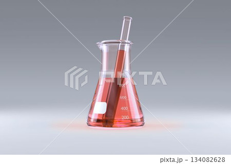 Laboratory flask with red solution 134082628