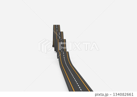 3D asphalt road is undulating with yellow edge lines and dashed white centerline on white backdrop 134082661