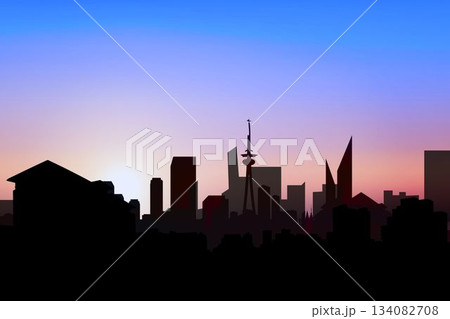 Flat design city skyline silhouette is rising over transparent background under sunrise gradient 134082708
