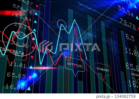 flat trading dashboard showing bar and line charts ticker labels with arrows circle highlight peak flat trading dashboard showing bar and line charts ticker labels with arrows circle highlight peak 134082759
