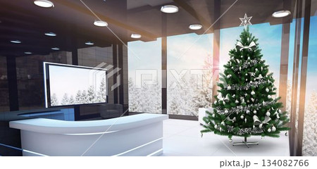 Festively decorated corporate lobby is showcasing flat design, with Christmas tree and LED desk Festively decorated corporate lobby is showcasing flat design, with Christmas tree and LED desk 134082766