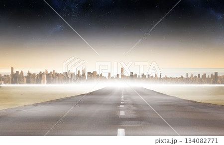 Asphalt road is stretching toward city skyline over misty water and starry sky in flat design 134082771