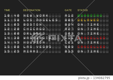 Departures list on black mechanical board 134082795