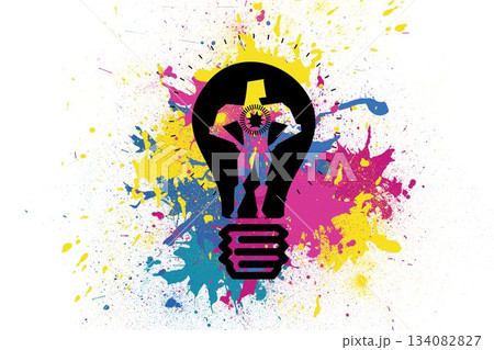 Drawn light bulb with figure over splashes Drawn light bulb with figure over splashes 134082827