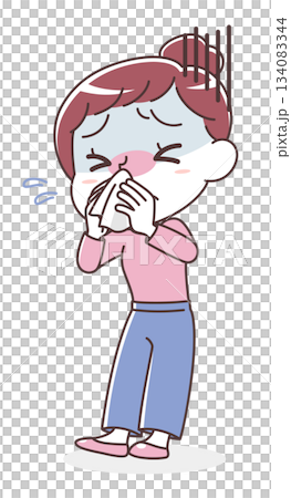 一幅女性擤鼻涕(感冒/流鼻涕)的插圖 一幅女性擤鼻涕(感冒/流鼻涕)的插圖 134083344