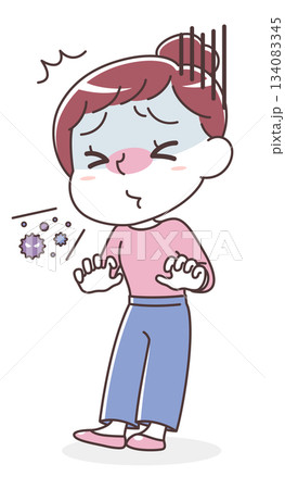 くしゃみをする女性のイラスト（風邪・アレルギー） 134083345