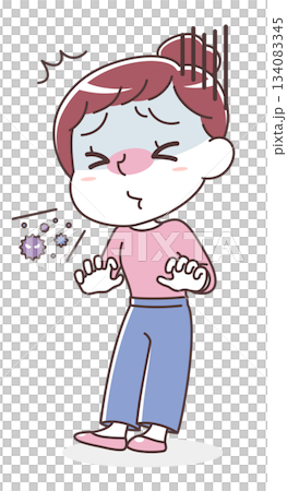 くしゃみをする女性のイラスト（風邪・アレルギー） 134083345