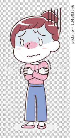 悪寒で震える女性のイラスト（寒気・風邪） 134083346