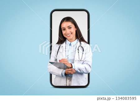 Telehealth services represented by a confident young female doctor on digital device, highlighting online medical consulting, blue background Telehealth services represented by a confident young female doctor on digital device, highlighting online medical consulting, blue background 134083595