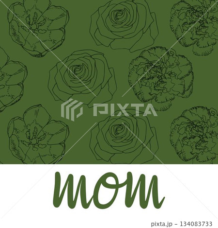 Composition of mom text over flowers on green backrgound Composition of mom text over flowers on green backrgound 134083733