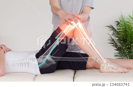 Highlighted bones of injured woman having leg massage Highlighted bones of injured woman having leg massage 134083741