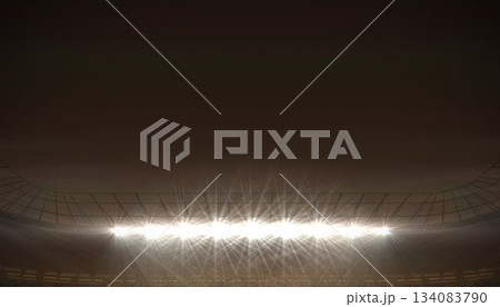 Bright stadium floodlights are illuminating metal roof trusses and seating tiers in flat design Bright stadium floodlights are illuminating metal roof trusses and seating tiers in flat design 134083790