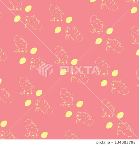 Repeating yellow rabbit head outlines and small ovals are forming flat coral pink pattern Repeating yellow rabbit head outlines and small ovals are forming flat coral pink pattern 134083798