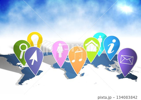 Nine colorful icon pins are floating above flat design blue world map with gradient sky 134083842