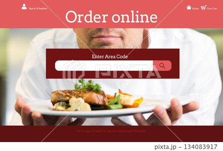 Chef is presenting meat and vegetable dish in flat design online order interface with search box 134083917