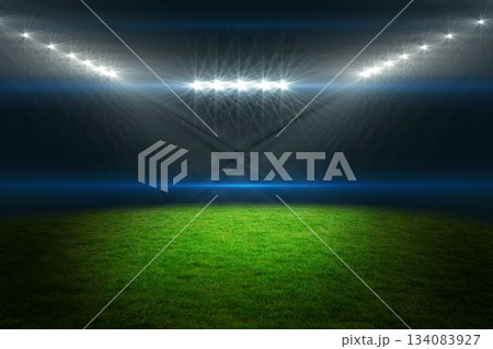 Flat design green grass pitch glowing under curved floodlights, showing light beams and blue flares Flat design green grass pitch glowing under curved floodlights, showing light beams and blue flares 134083927