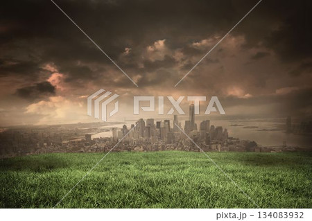 Digital composite of Stormy sky over city Digital composite of Stormy sky over city 134083932