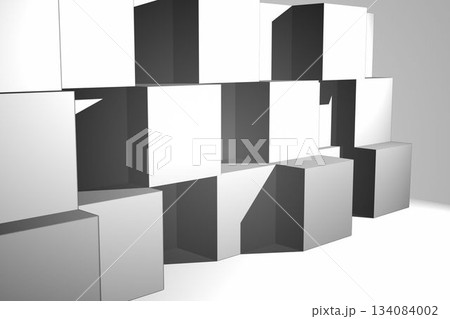 Open-faced and solid cube blocks are stacking in minimalist 3D render scene with angular shadows 134084002