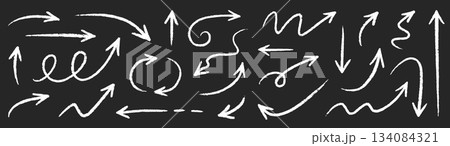 Hand drawn chalk arrow vector set. Hand drawn sketch chalk crayon rough texture brush stroke organic line arrow. Doodle crayon pencil direction element on blackboard background. Vector 134084321