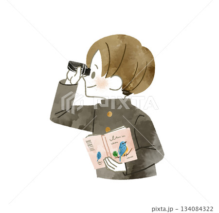 バードウォッチングをしている男子学生-水彩 134084322