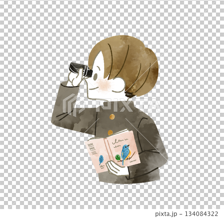 バードウォッチングをしている男子学生-水彩 134084322