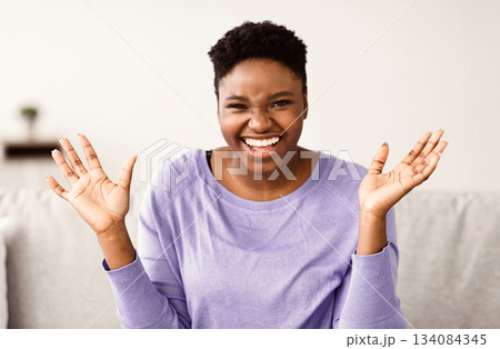 Positive Emotions Concept. Portrait of excited african american woman smiling, laughing and looking at camera, sitting on couch at home. Emotional young black female model spreading hands 134084345