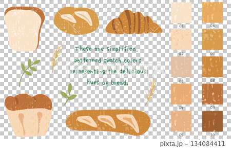 パンのかわいいイラストとカラーテクスチャ（シームレスパターン）セット 134084411