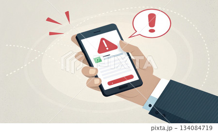 Hand holding smartphone with suspicious scam alert message on screen. Security warning about online phishing threat, feeling of concern and danger 134084719
