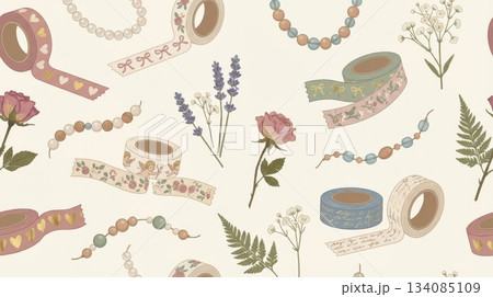 Seamless Pattern with Cute Vintage Tape, Beads, and Dried Flowers 134085109