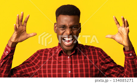 Portrait of young angry black man shouting with rage, furious african american guy raising hands and screaming with anger while standing isolated over yellow background, closeup with copy space Portrait of young angry black man shouting with rage, furious african american guy raising hands and screaming with anger while standing isolated over yellow background, closeup with copy space 134085271