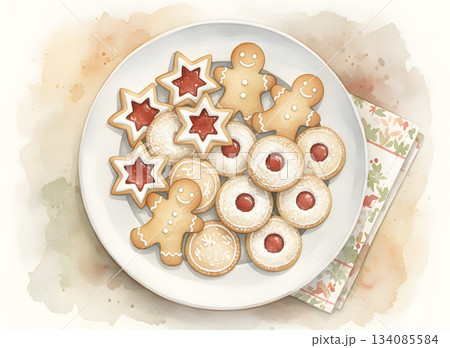Plate of Assorted Christmas Cookies Watercolor 134085584